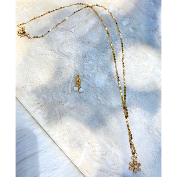 Delicate Gold Opal and Cz Flower Charm Necklace - Picture 3 of 5
